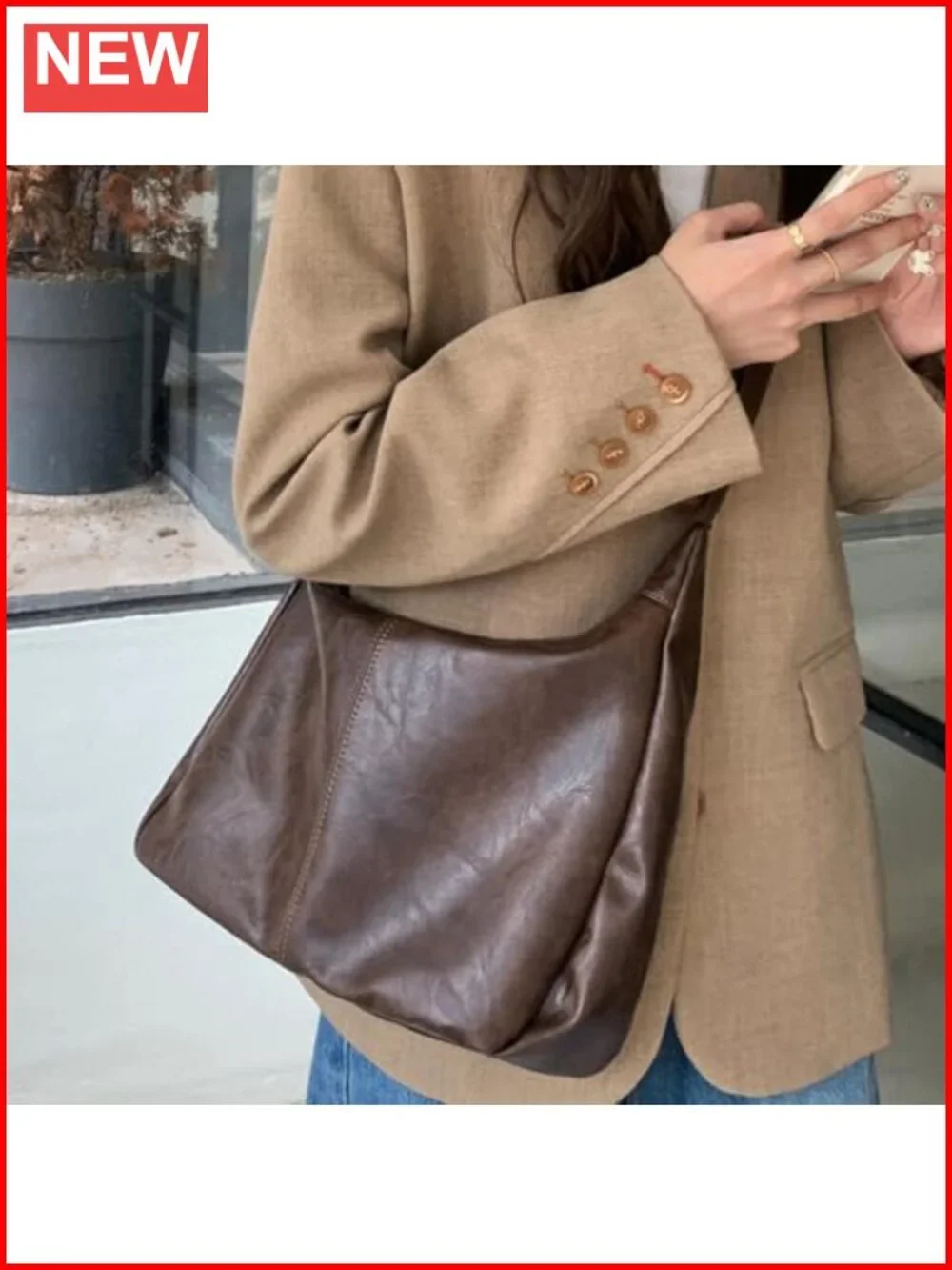 Large Slouchy Hobo Bag with Zipper PU Leather Shoulder Bag Commuting